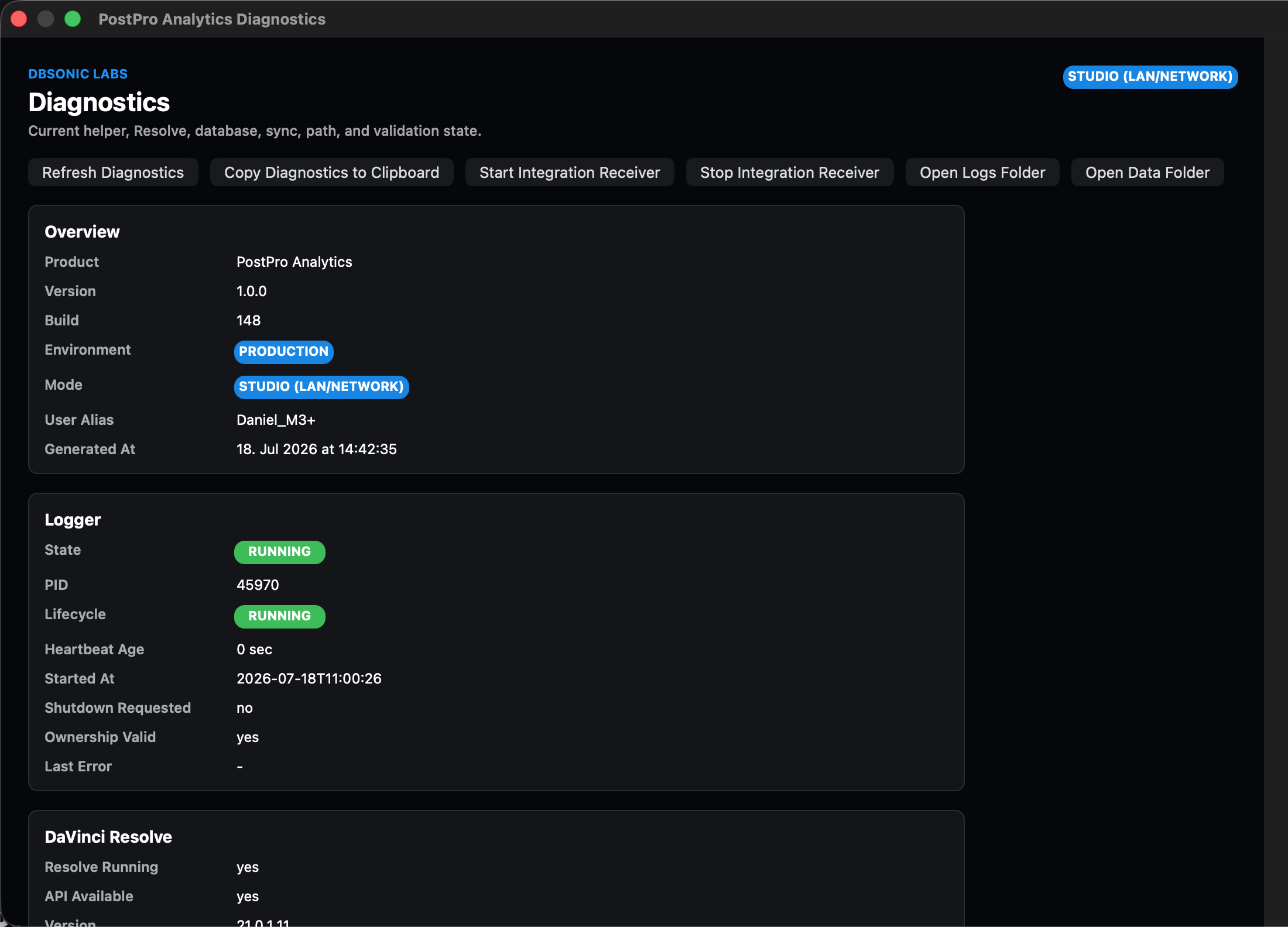 Native Build 148 Diagnostics overview with receiver, logs and data actions