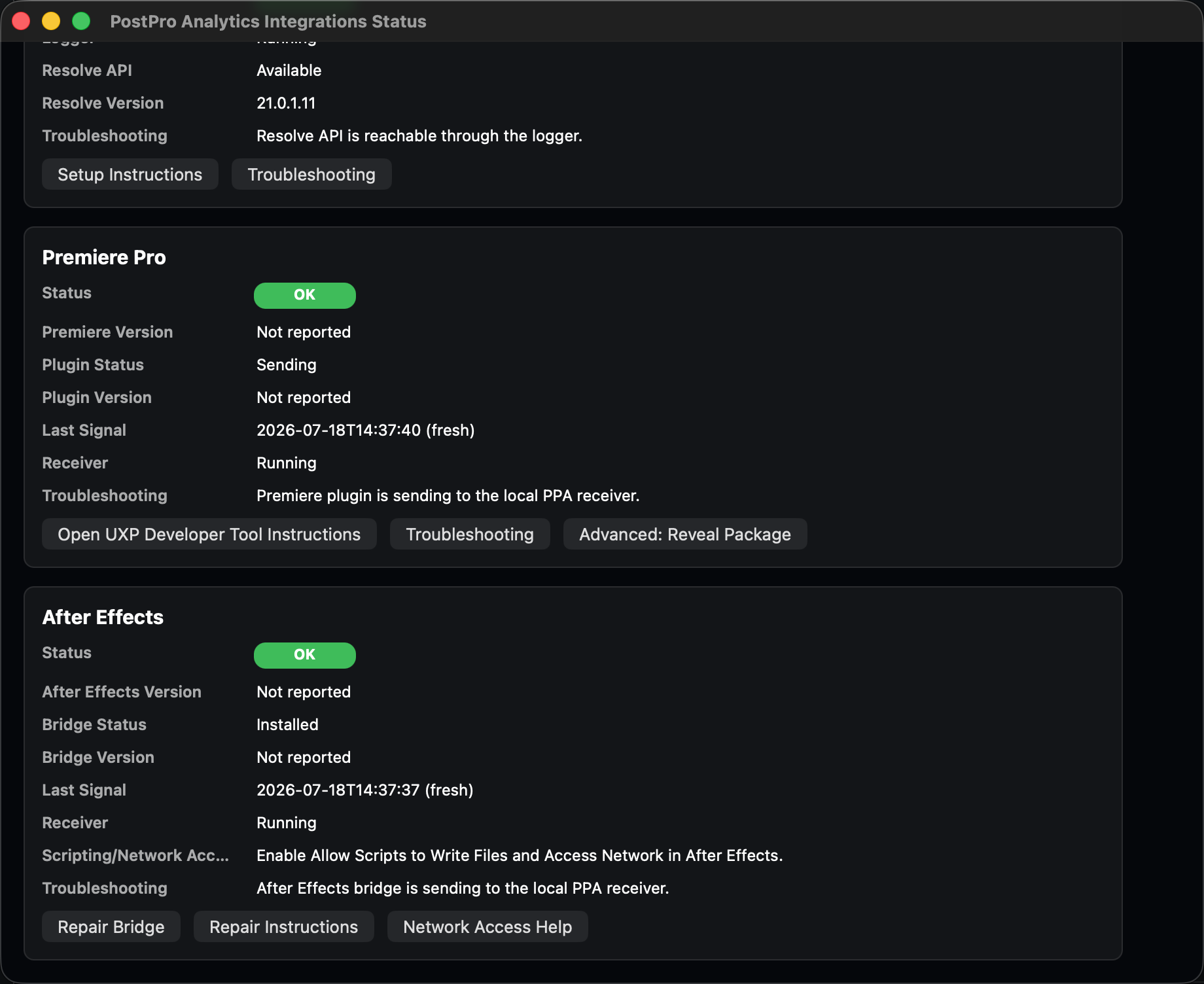 Native Build 148 Integrations Status showing Premiere Pro and After Effects
