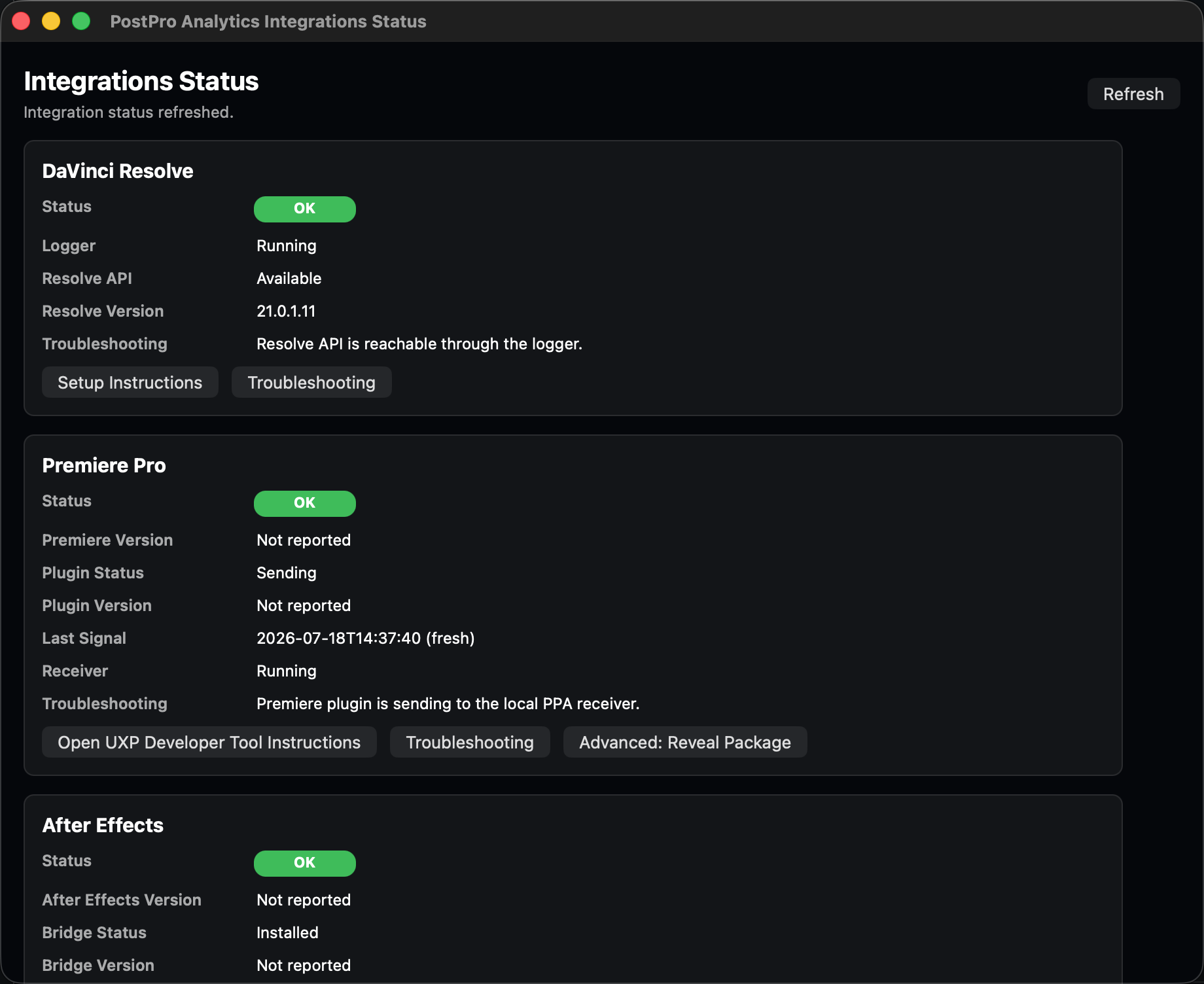 Native Build 148 Integrations Status showing DaVinci Resolve and Premiere Pro