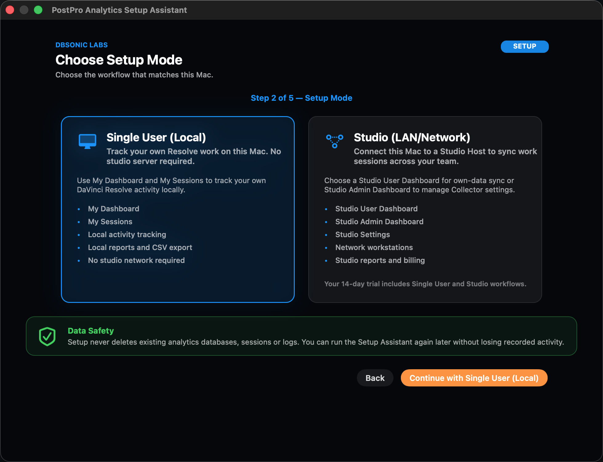 Native Build 148 setup mode selection for Single User and Studio workflows