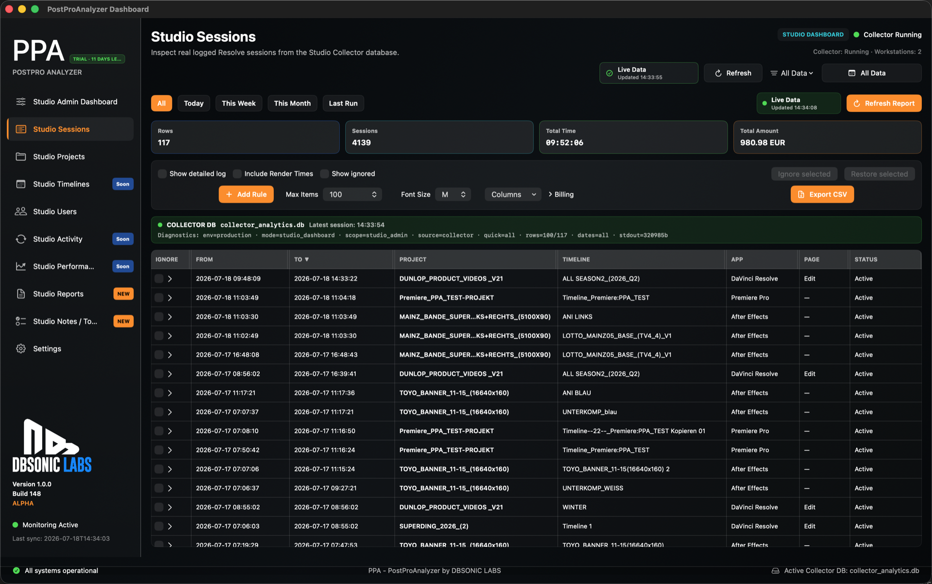 Native Build 148 Studio Sessions table with Resolve, Premiere Pro, After Effects and Export CSV